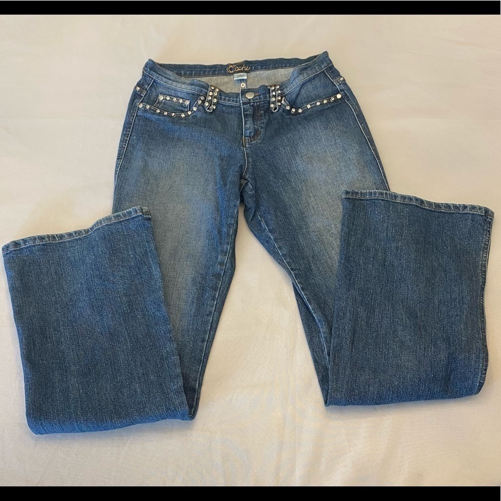 CACHE Rhinestone Rivet Detail Flare Jeans, Size 6